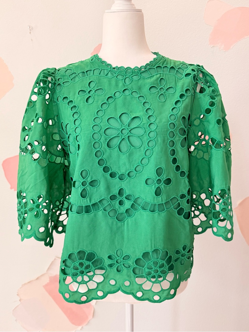 Green Eyelet Lace Puff-Sleeve Top